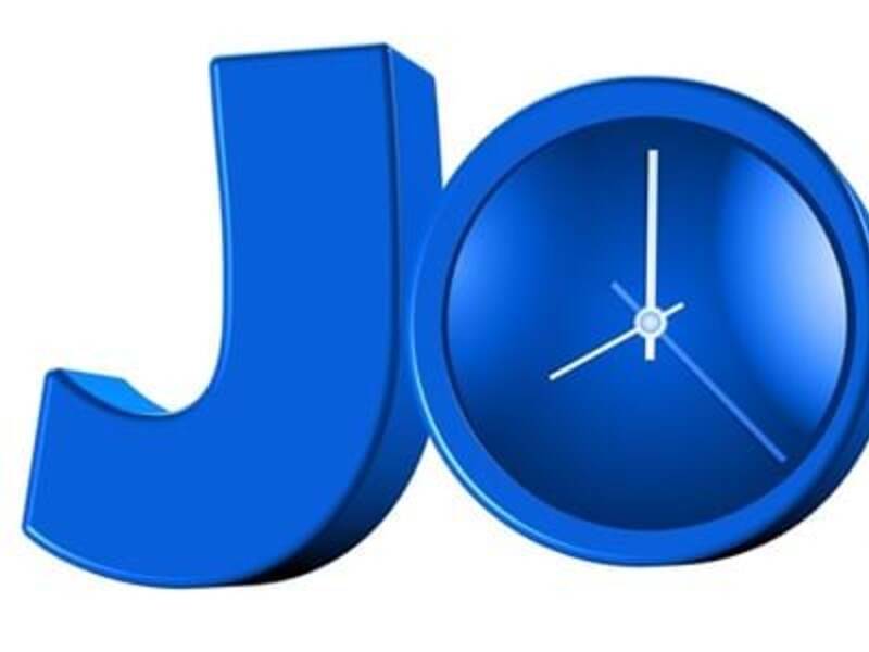 Eine graue Figur mit Aktenkoffer läuft neben dem Wort "JOB", wobei der Buchstabe "O" eine Uhr darstellt.