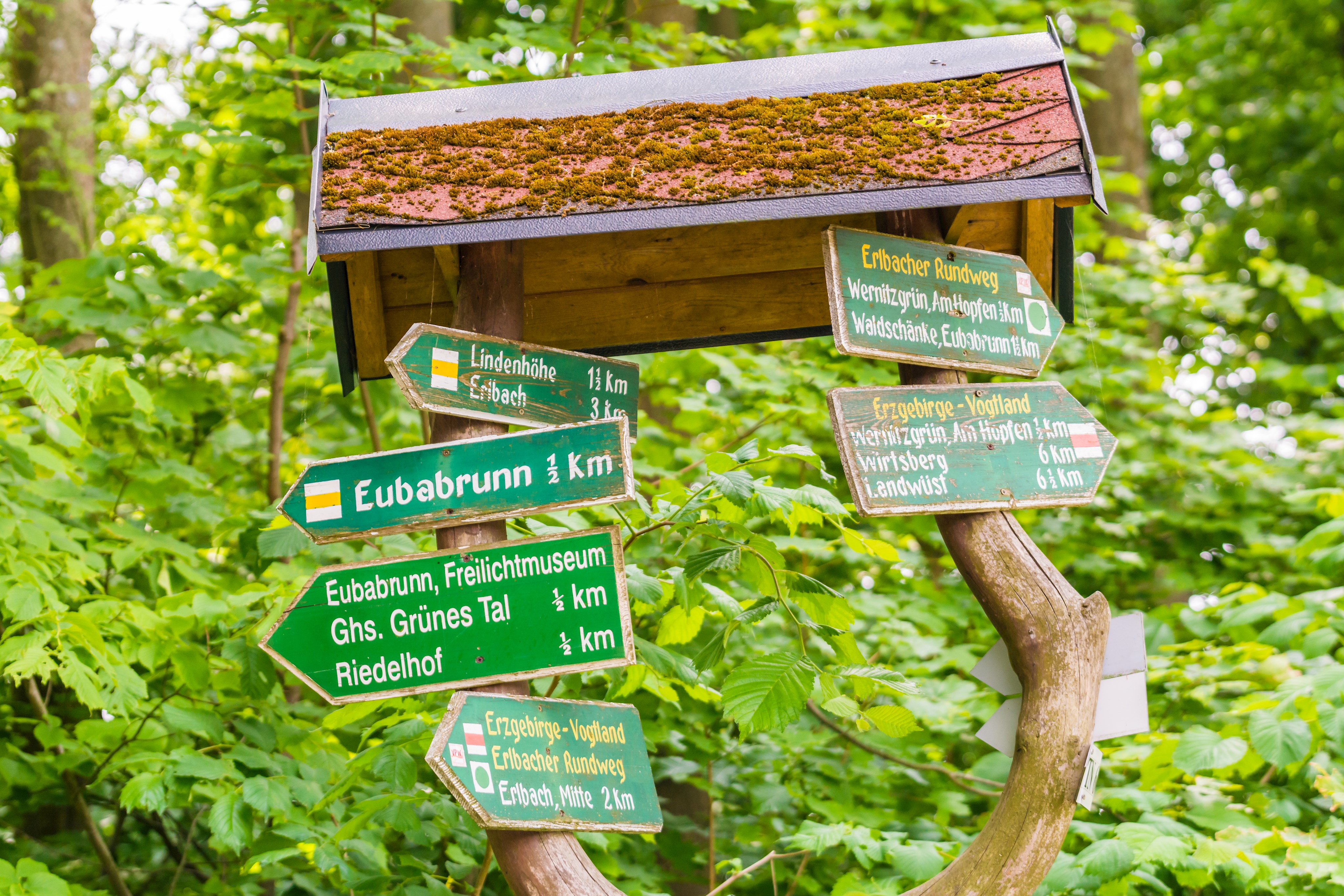 Wegweiser mit vielen verschiedenen Schildern zu Wanderwegen